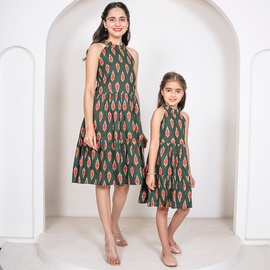 Ikkat Print Halter Neck Tiered Mom & Daughter Dress Set