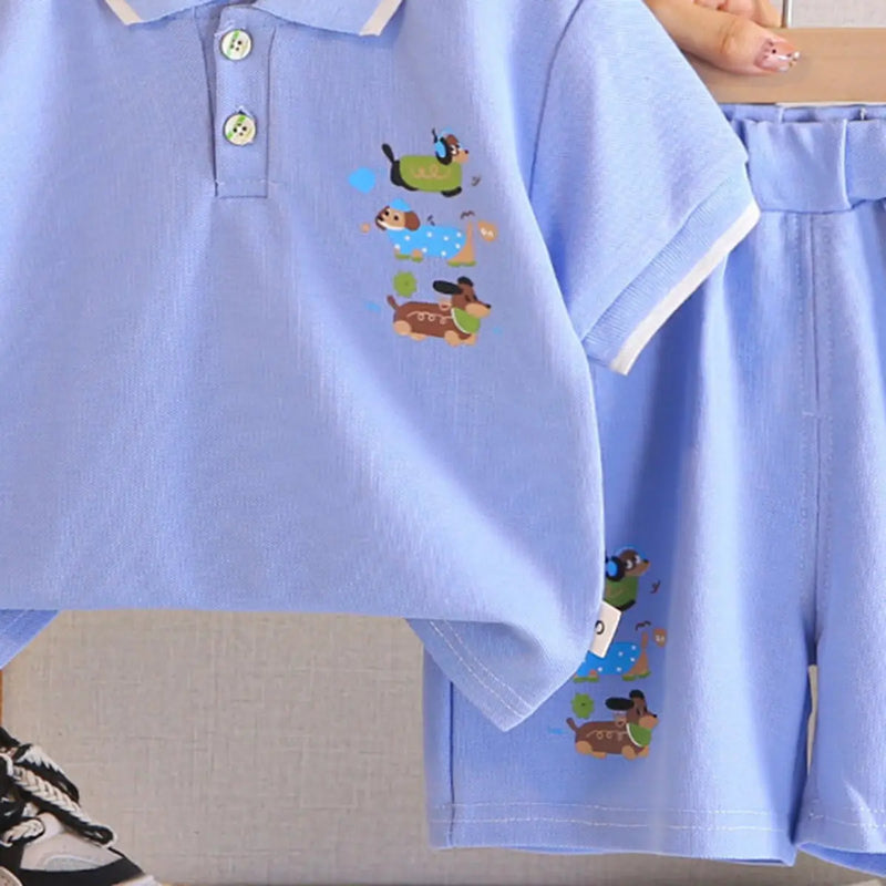 Boys Sky Blue Animal Graphic Short Sleeve Polo T-Shirt With Elasticated Shorts Sets 2 pc. Sets