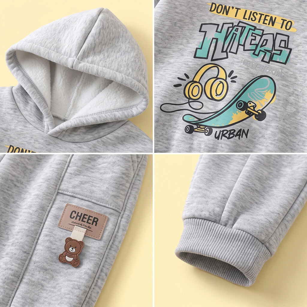 Boys Grey Typographic Hooded Sweatshirt With joggers Sets Sets