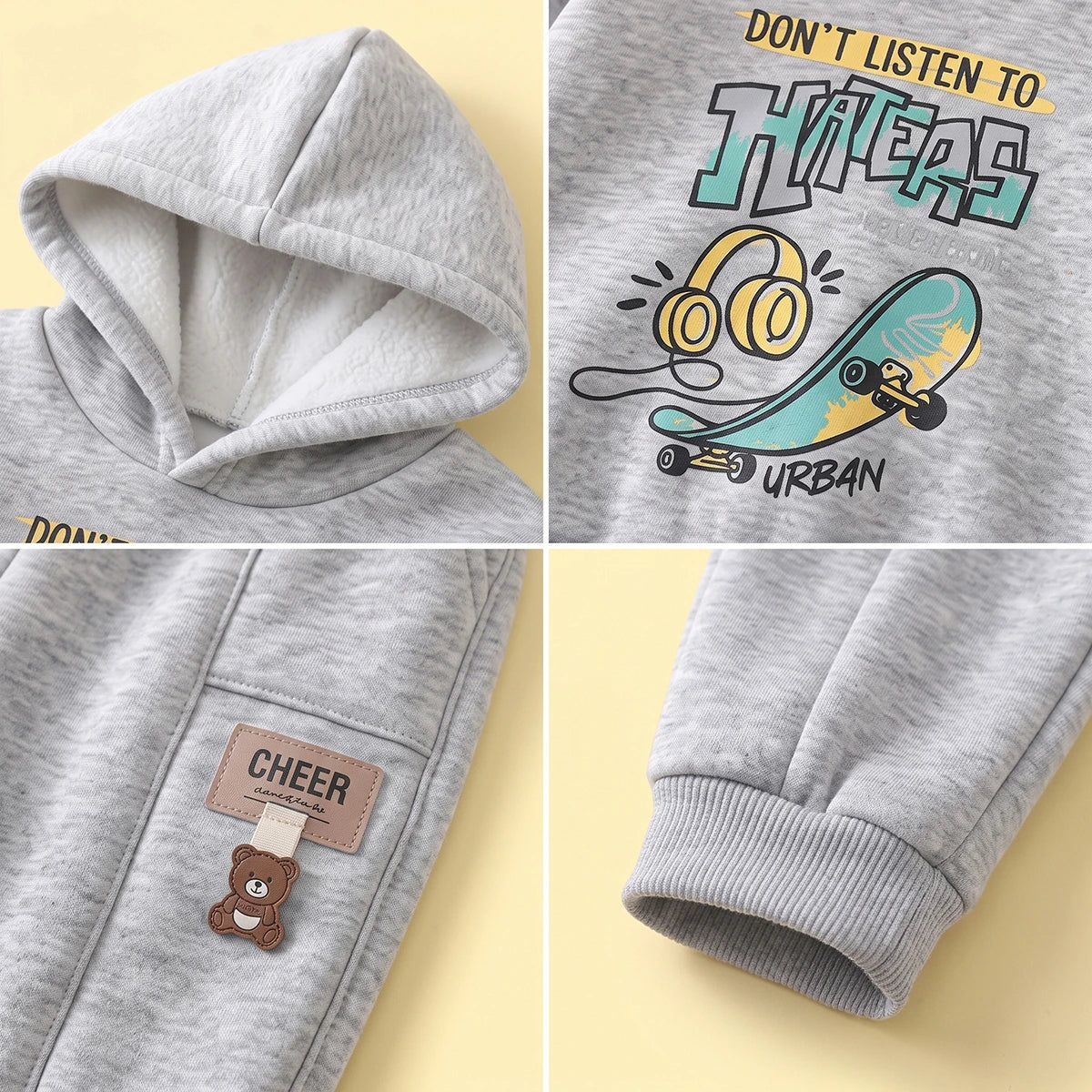 Boys Grey Typographic Hooded Sweatshirt With joggers Sets Sets