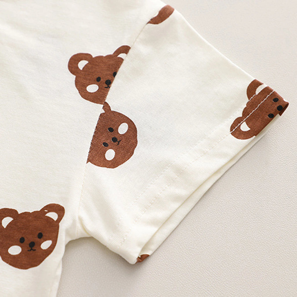 Boys Brown Bear Printed Round Neck T-Shirt With 3D Teddy Bear Applique Dungaree Sets 2 pc. Sets