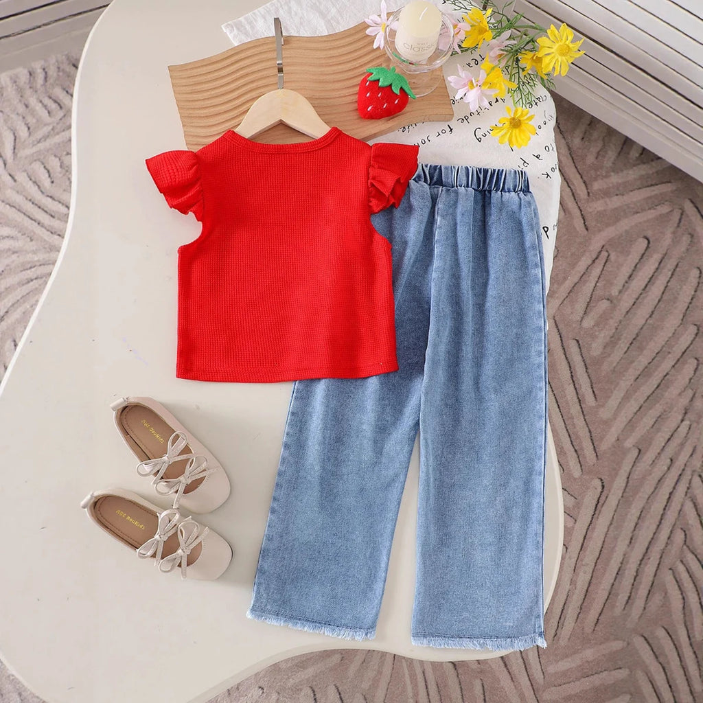 Girls Red Flutter Sleeve Top With Cherry Embroidered Denim Pants Sets 2 pc. Sets