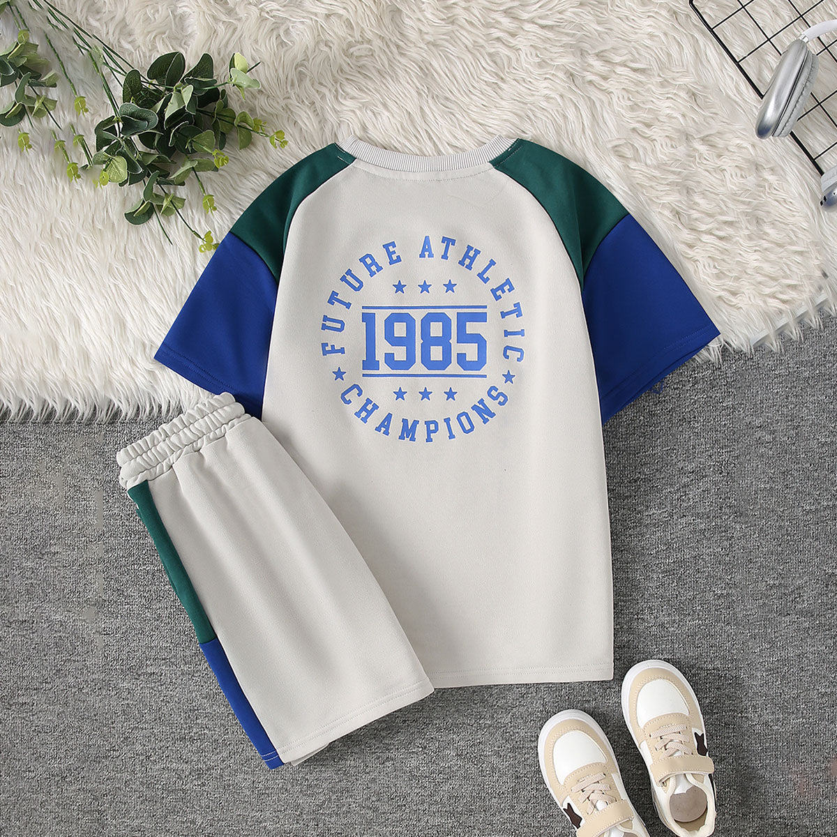 Boys Multicolor Color-blocked Raglan Sleeves T-Shirt With Shorts Set 2 pc. Sets Multicolor 7-8 Y