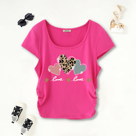 Girls Fuchsia Hearts Printed Cap Sleeves Scoop Neck T-Shirt Tshirts Pink 7-8 Y