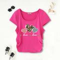Girls Fuchsia Hearts Printed Cap Sleeves Scoop Neck T-Shirt Tshirts Pink 7-8 Y