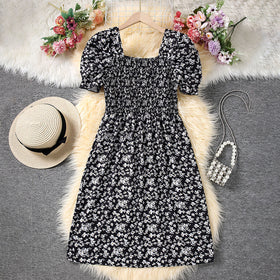 Girls Black Short Sleeve Floral Print Fit & Flare Dress Casual Dresses Black 12-13 Y