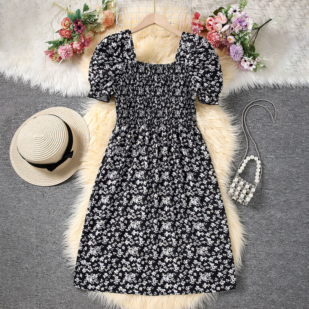 Girls Black Short Sleeve Floral Print Fit & Flare Dress Casual Dresses Black 12-13 Y