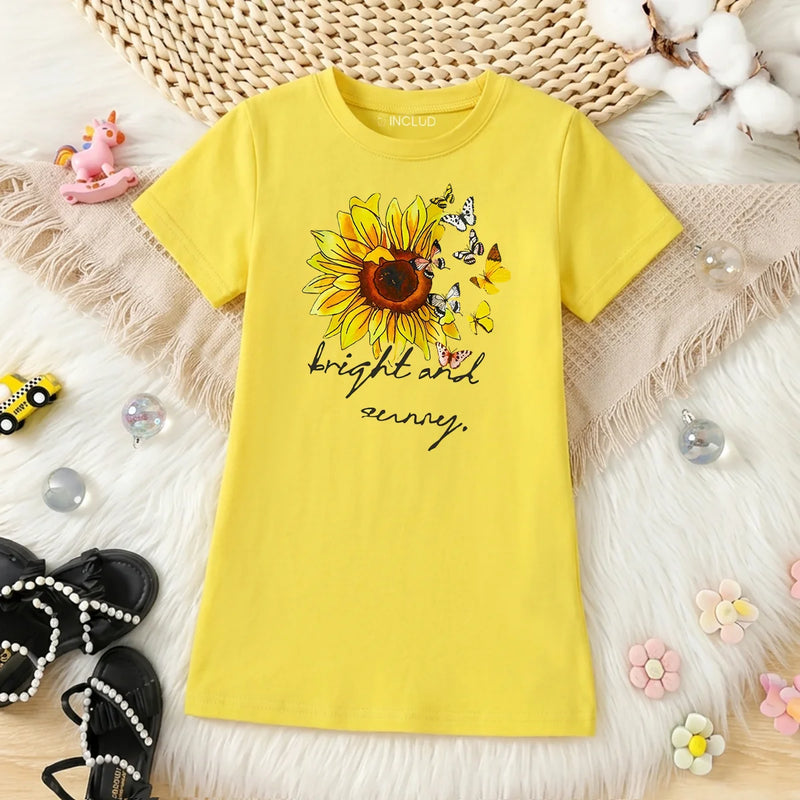Girls Yellow Sunflower Print Short Sleeve T-Shirt Dress Casual Dresses Yellow 4-5 Y