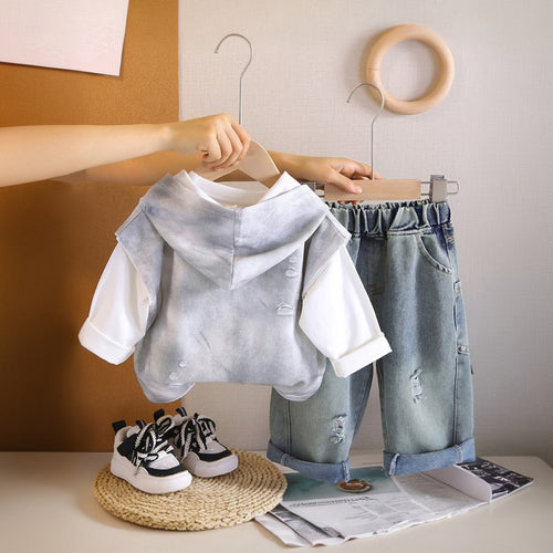 Boys Grey Typographic Hooded Sweatshirt With T-Shirt And Denim Trousers Sets 3 pc. Sets