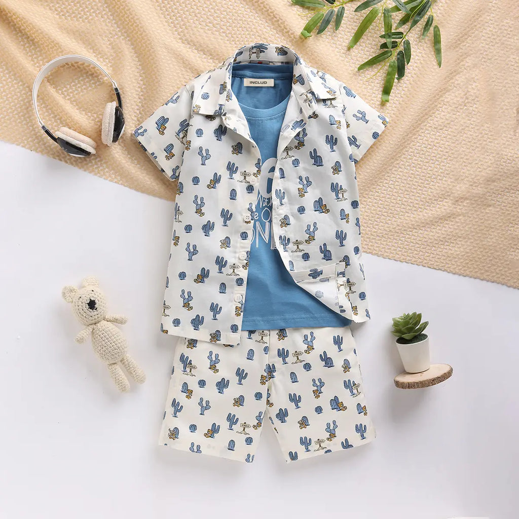 Boys Blue Cactus Printed Shirt With T-Shirt And Shorts Sets 3 pc. Sets Blue 9-12 M