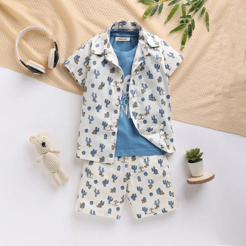 Boys Blue Cactus Printed Shirt With T-Shirt And Shorts Sets 3 pc. Sets Blue 9-12 M