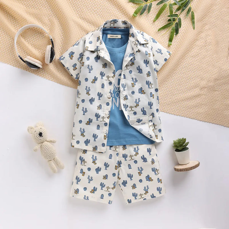 Boys Blue Cactus Printed Shirt With T-Shirt And Shorts Sets 3 pc. Sets Blue 9-12 M
