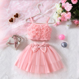 Girls Pink Rose Applique Sleeveless Top With Elasticated Skirt Sets 2 pc. Sets Pink 3-4 Y