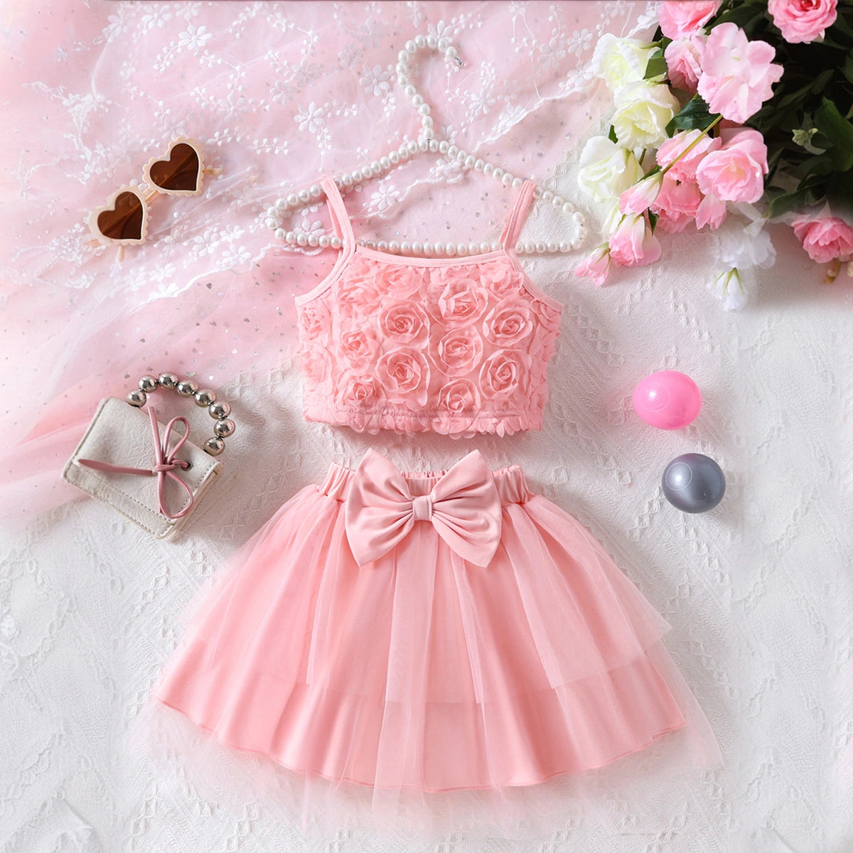 Girls Pink Rose Applique Sleeveless Top With Elasticated Skirt Sets 2 pc. Sets Pink 3-4 Y