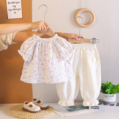 Girls Light Blue Floral Printed Bow Appliqued Top With Pants Sets Sets