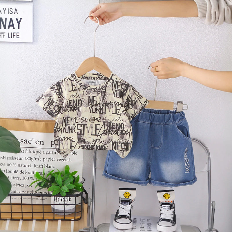 Boys Yellow Typographic Print T-Shirt With Denim Shorts Set Sets Yellow 1-2 Y