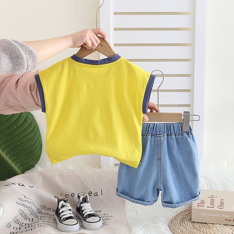 Boys Yellow Printed Extended Sleeves T-Shirt With Denim Shorts Set 2 pc. Sets