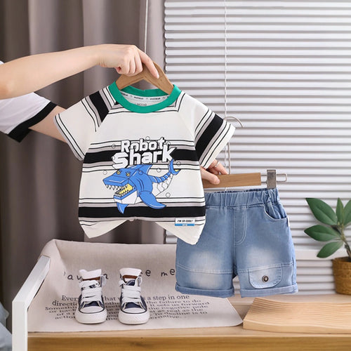 Boys Off White Robot Shark Graphic T-Shirt With Denim Shorts Sets Sets Off White 1-2 Y