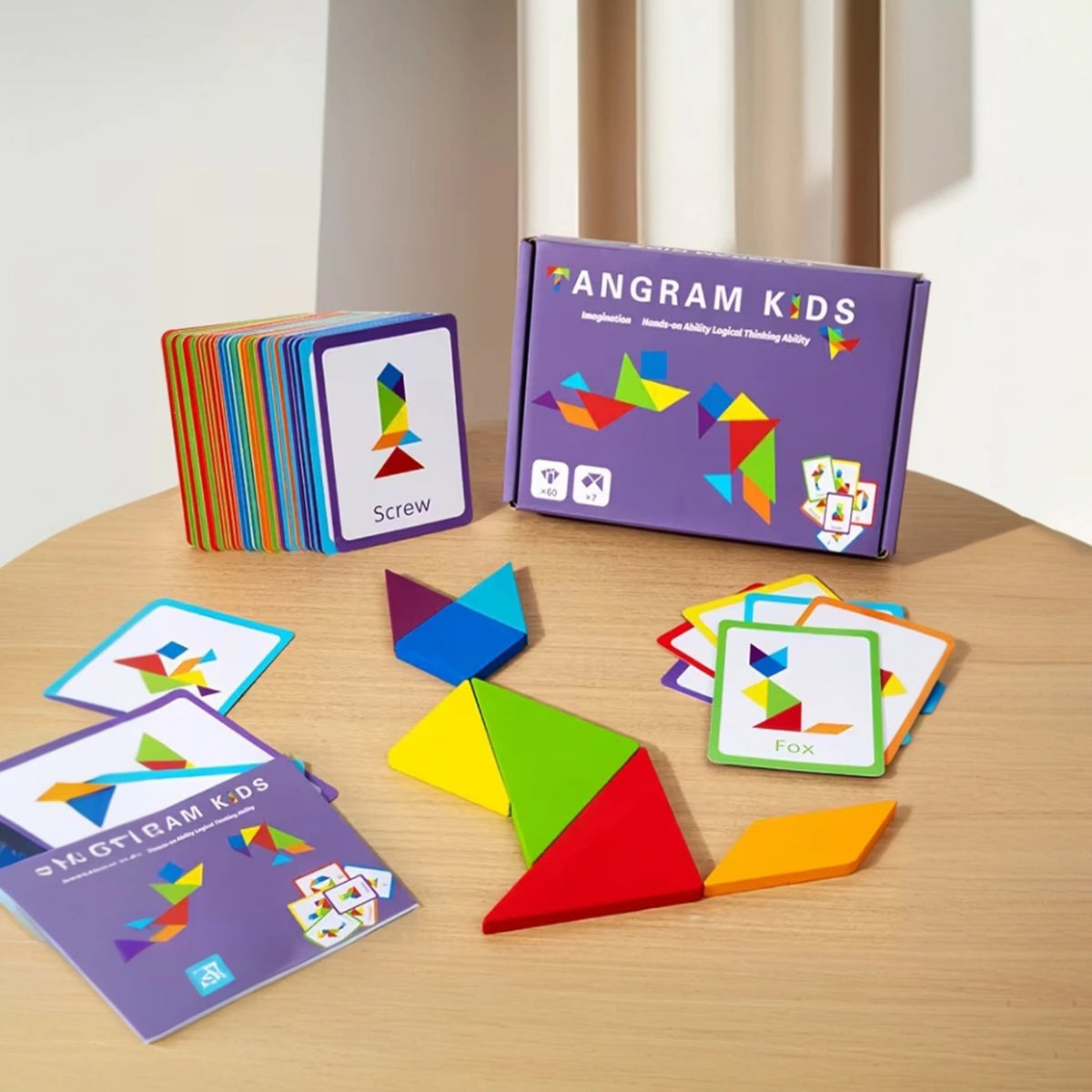Kids Multicolor Wooden Tangram Puzzle Set with Cards Trending Accessories Multicolor Onesize