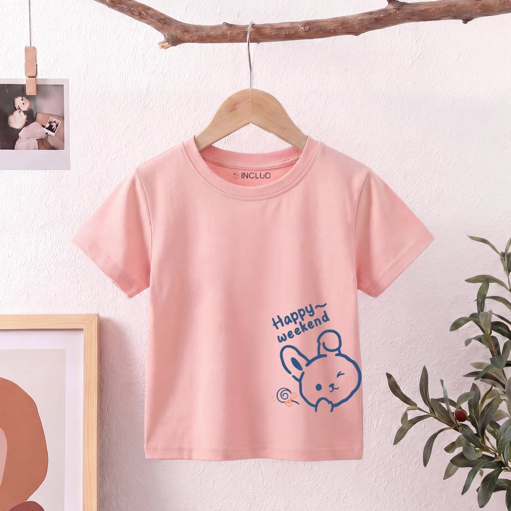 Girls Pink Short Sleeve Happy Weekend Typography Print T-Shirt Tshirts Pink 1-2 Y