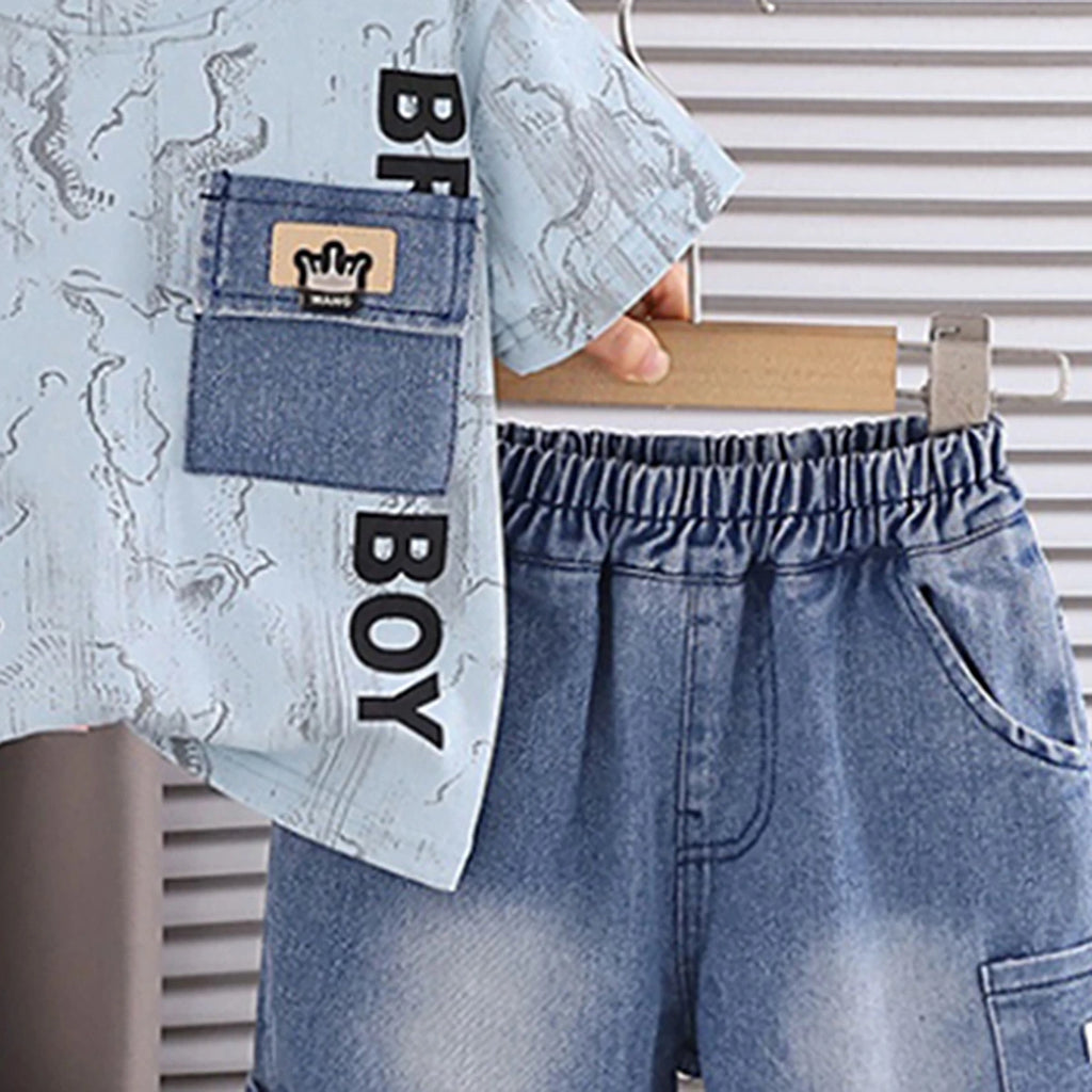 Boys Light Blue Typographic Printed Short Sleeve T-Shirt With Denim Shorts Sets 2 pc. Sets