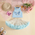 Girls Light Blue Butterfly Applique Halter Top With Tiered Tulle Tutu Skirt Sets Sets Light Blue 2-3 Y