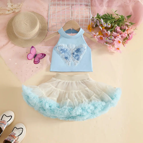 Girls Light Blue Butterfly Applique Halter Top With Tiered Tulle Tutu Skirt Sets Sets Light Blue 2-3 Y
