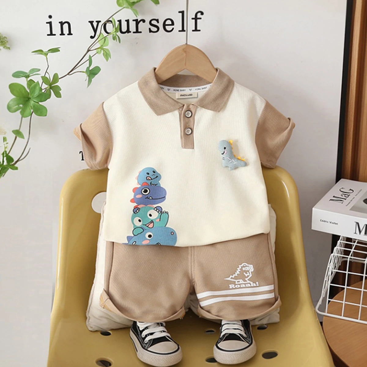 Boys Brown Dinosaur Printed Polo T-Shirt With Shorts Set Sets Brown 1-2 Y