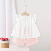 Girls White Textured Sleeveless Top With Elasticated Shorts Sets 2 pc. Sets