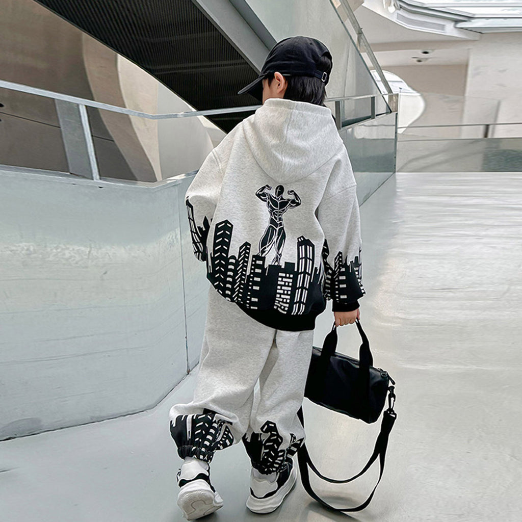 Boys Grey Printed Hooded Sweatshirt With Pants Sets 2 pc. Sets