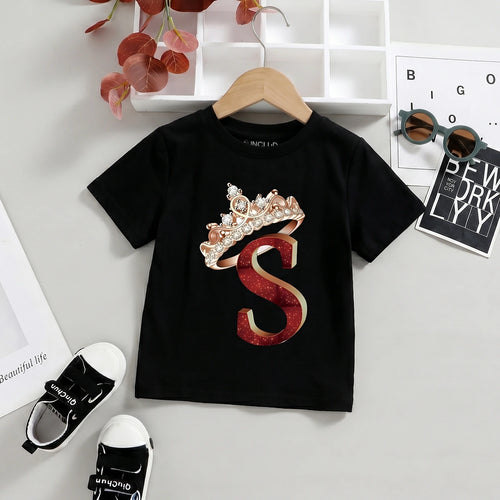 Girls Black Crown Graphic Print Short Sleeve T-Shirt Tshirts Black 1-2 Y