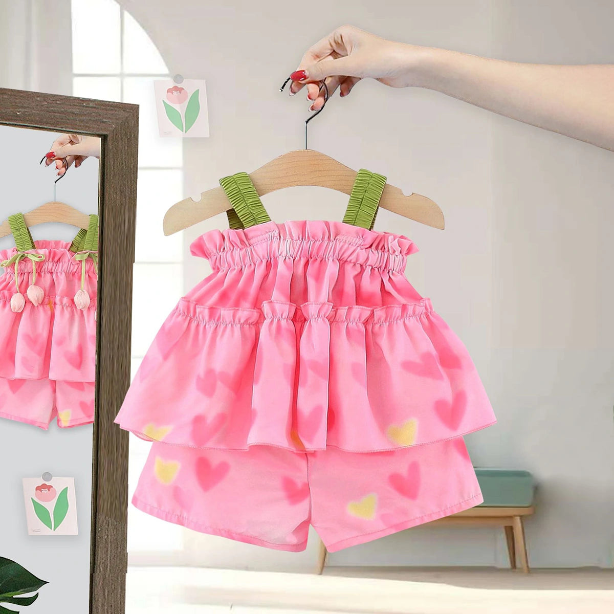 Girls Pink Heart Printed Sleeveless Top With Elasticated Shorts Sets 2 pc. Sets