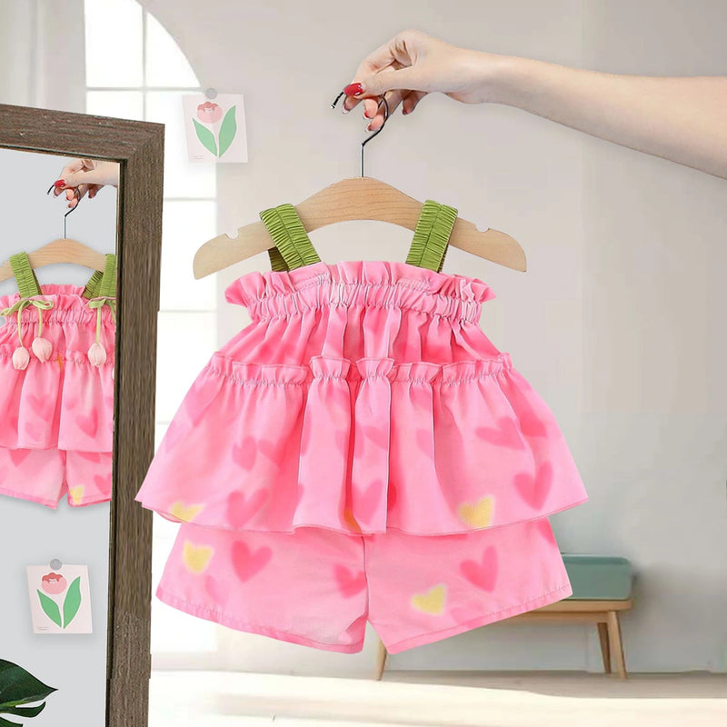 Girls Pink Heart Printed Sleeveless Top With Elasticated Shorts Sets 2 pc. Sets