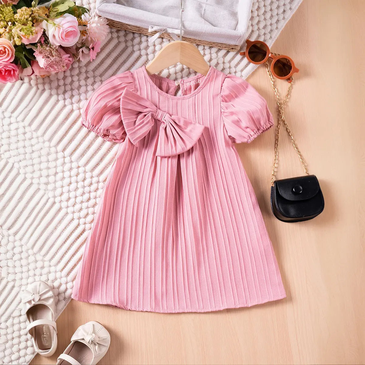Girls Pink Stripes A-line Dress With Puff Sleeves Casual Dresses Pink 1-2 Y