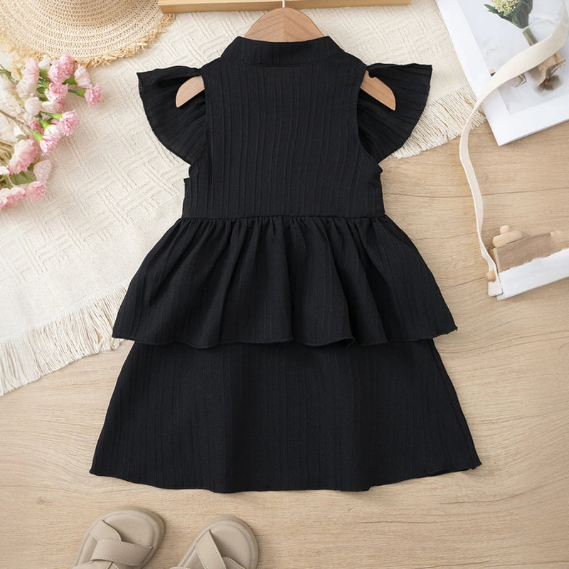 Girls Black Self Stripes Layered Dress With Button Details Casual Dresses