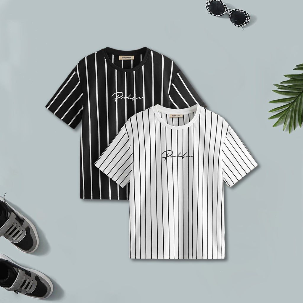 Boys Black And White Striped Short Sleeves T-Shirt ( Pack Of 2 ) Tshirts Multicolor 7-8 Y