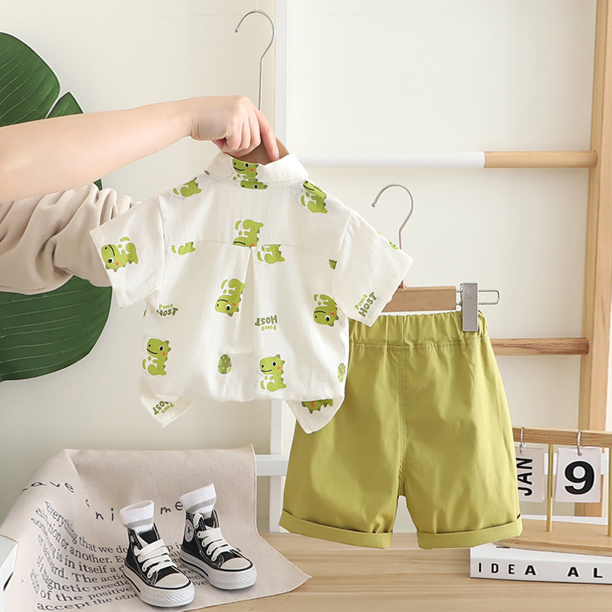 Boys Green Dino Printed Shirt With attached Tie & Shorts Set Sets