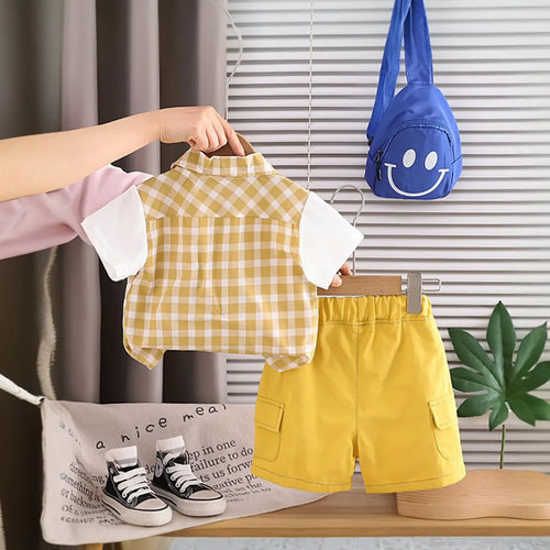 Boys Yellow Checked Shirt With Cargo Shorts Sets Sets