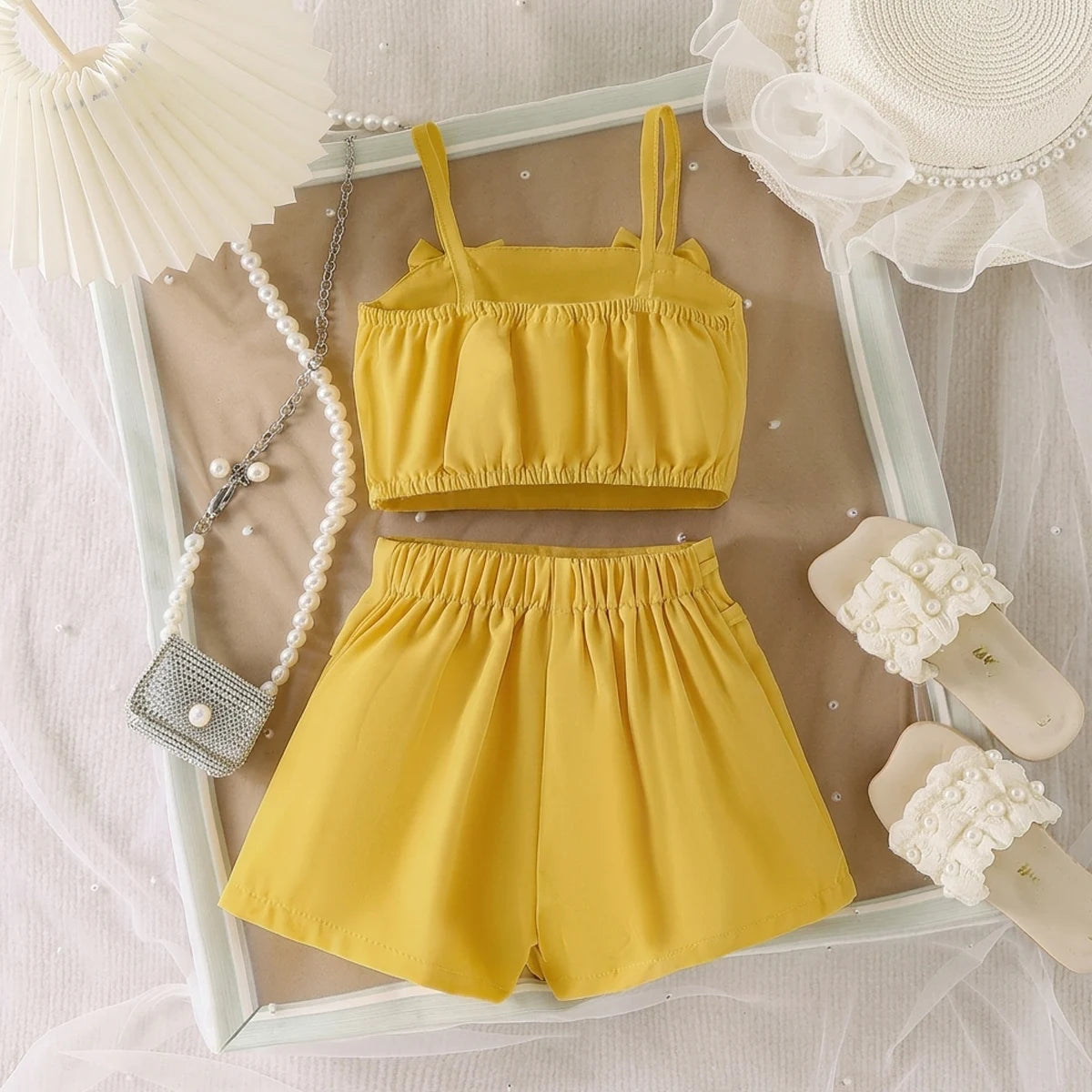 Girls Mustard Bow Applique Sleeveless Top With Shorts Sets 2 pc. Sets