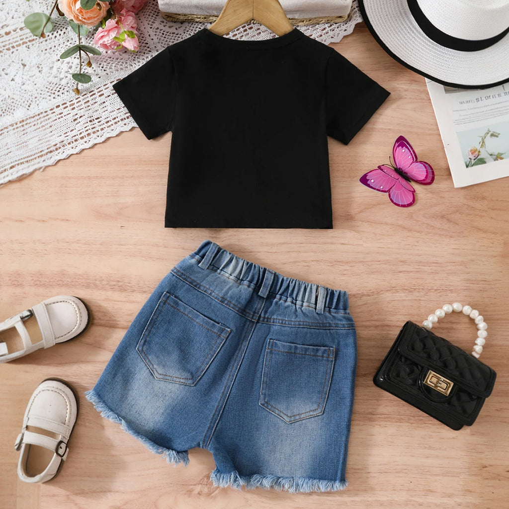 Girls Black Butterfly Printed Short Sleeves T-Shirt With Denim Shorts Set Sets