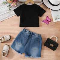 Girls Black Butterfly Printed Short Sleeves T-Shirt With Denim Shorts Set Sets