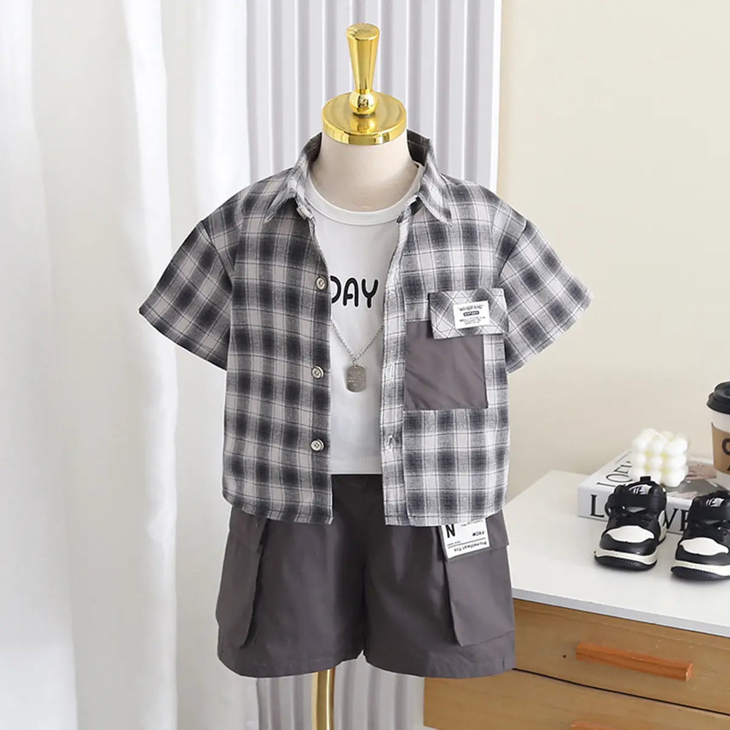 Boys Grey Checked Short Sleeve Shirt With Printed T-Shirt And Shorts Sets 3 pc. Sets Grey 1-2 Y