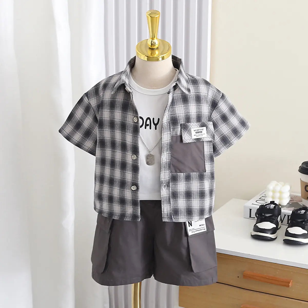 Boys Grey Checked Short Sleeve Shirt With Printed T-Shirt And Shorts Sets 3 pc. Sets Grey 1-2 Y