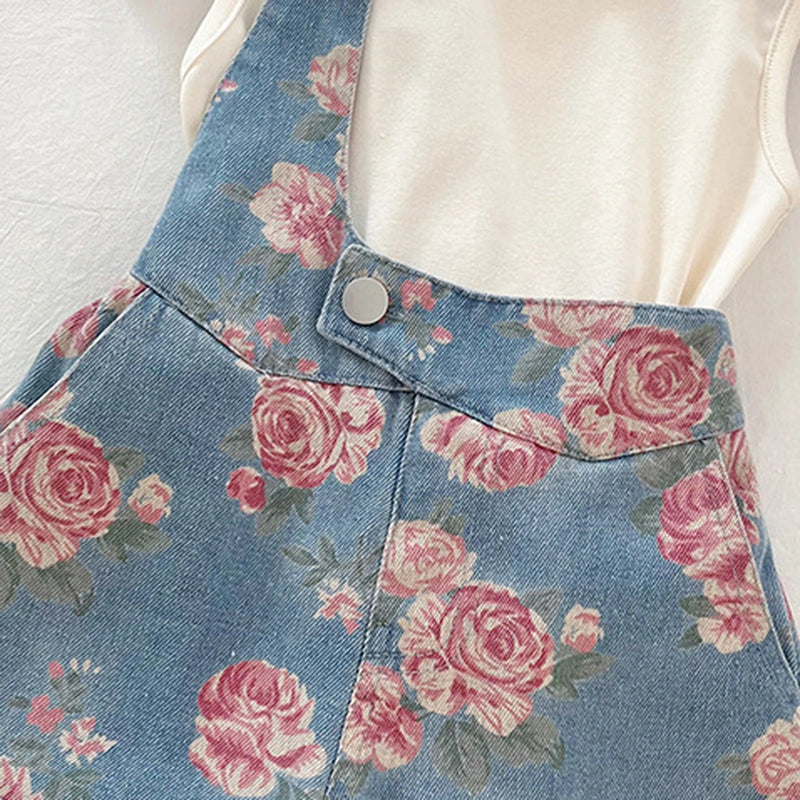 Girls Off White Sleeveless Top With Floral Print Dungaree Sets 2 pc. Sets