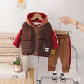Boys Brown Hooded Zipper Jacket With Puffer Vest & Jogger Sets Sets Brown 1-2 Y