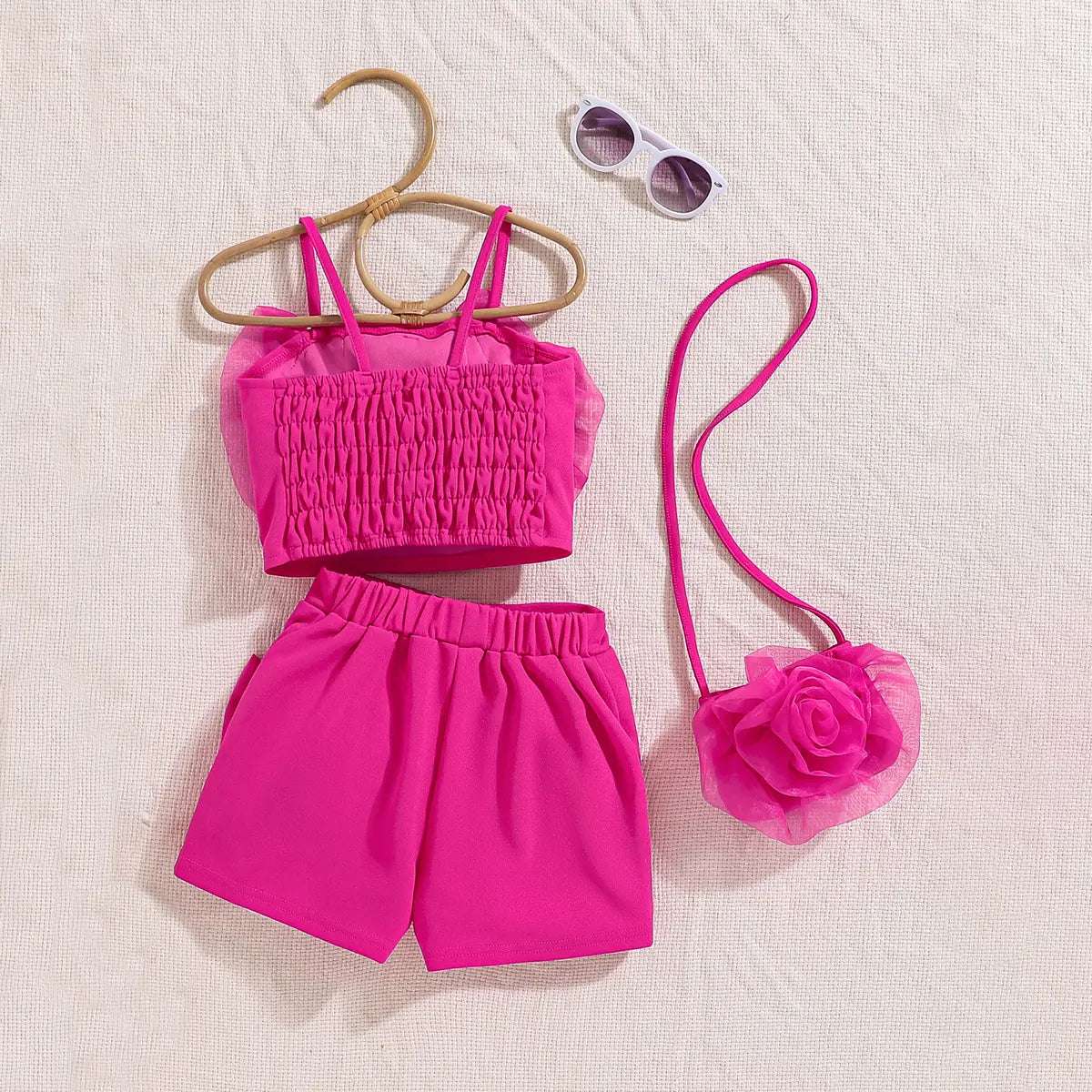 Girls Pink 3D Flower Applique Crop Top With Skorts &Sling Bag Sets Sets