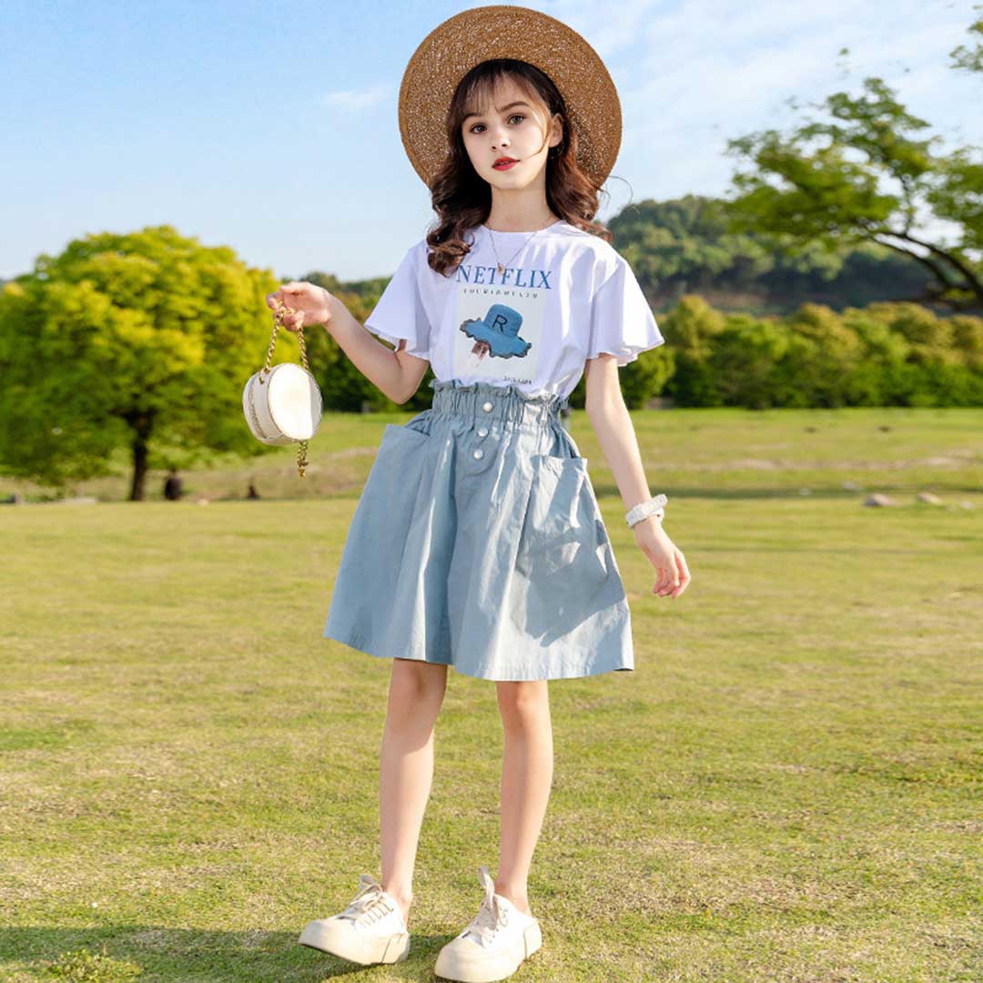 Girls Netflix Print T-Shirt With Denim Skirt Set 2 pc. Sets   
