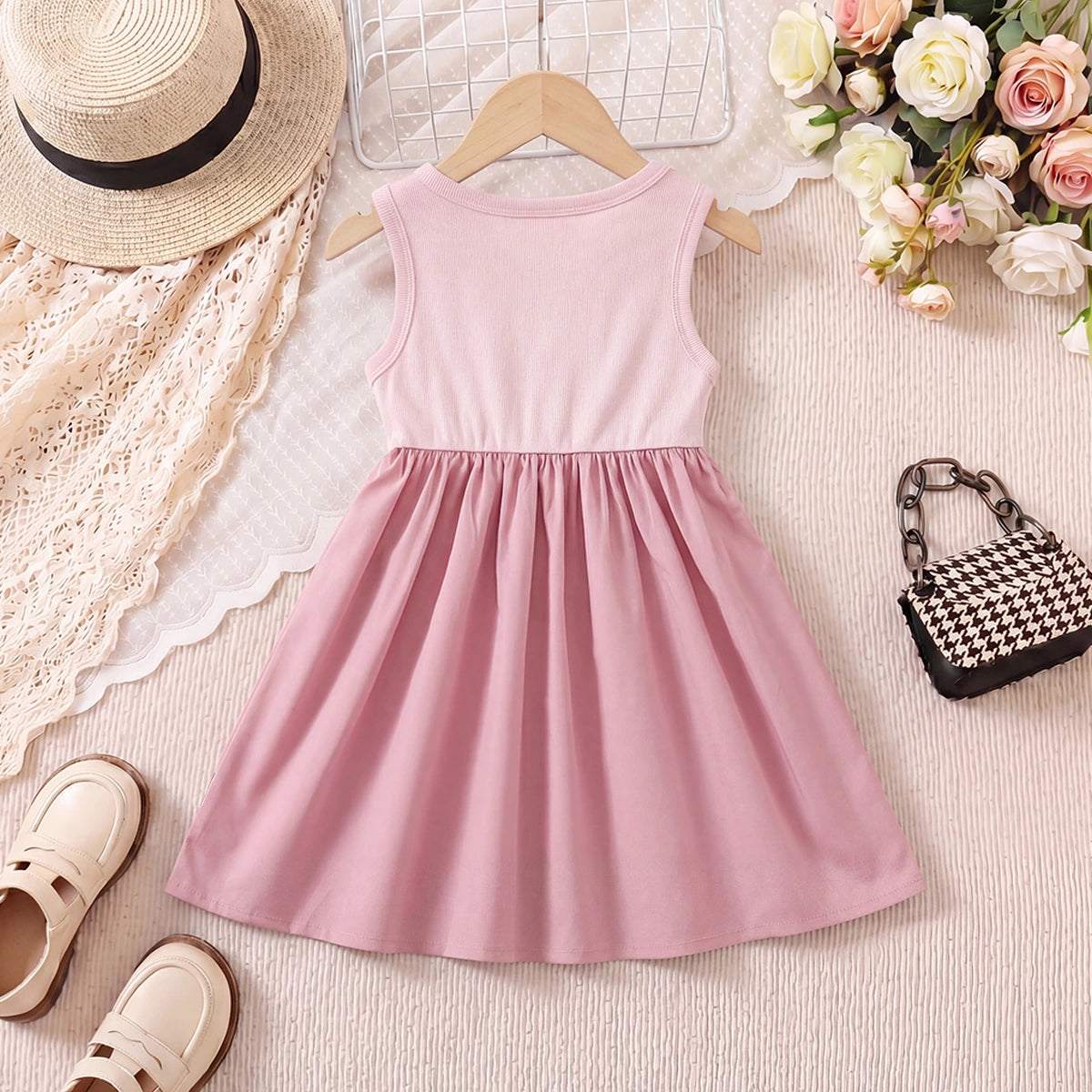 Girls Pink Solid Sleeveless Fit & Flare Dress Casual Dresses