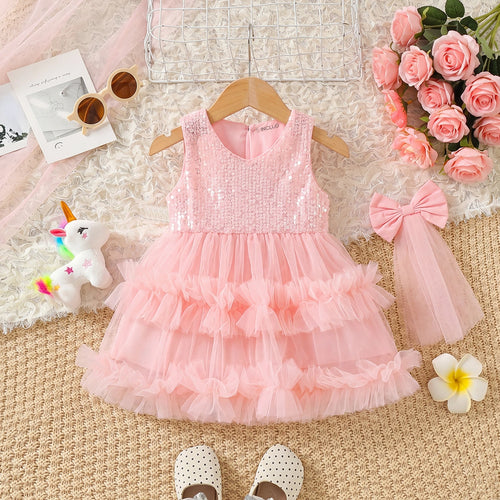 Girls Light Pink Sequins Embellished Sleeveless Tiered Dress Casual Dresses Light Pink 1-2 Y