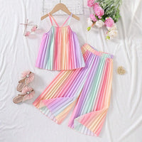 Girls Multicolor Rainbow Stripes Pleated Top & Wide-leg Pants Co-ord Sets Sets Multicolor 3-4 Y